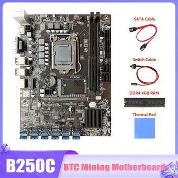 B250C BTC Ťažba Doska S DDR4 4GB RAM+SATA Kábel+Switch Kábel+Tepelná Pad 12X PCIE Na USB3.0 Slot GPU LGA1151